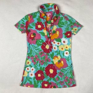 Lilly Pulitzer Trophy Polo Shirt Size XS Shorely Blue Garden by the Sea Collared